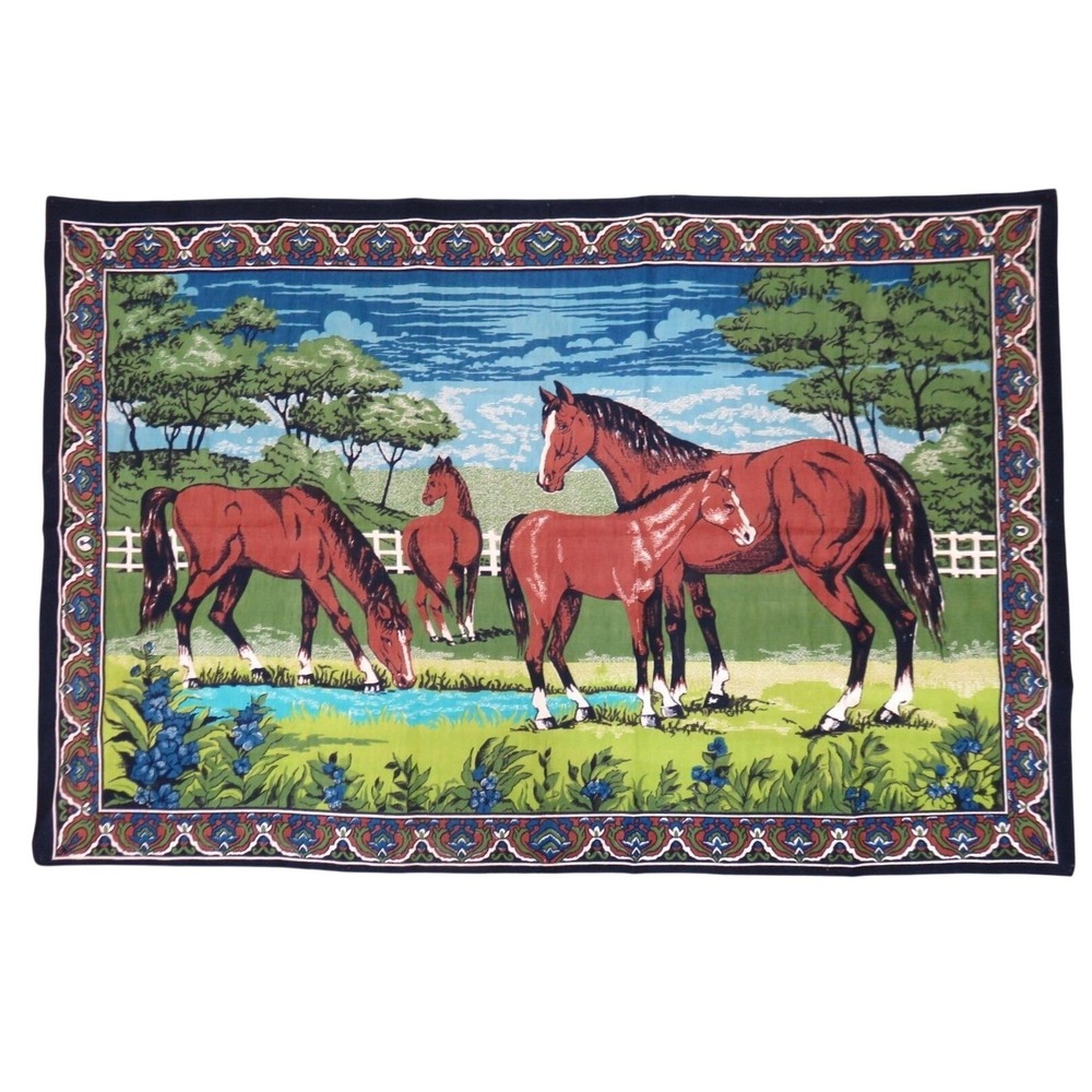 Vintage Horse Tapestry Wall Hanging Cotton Velveteen‎ Made in Turkey